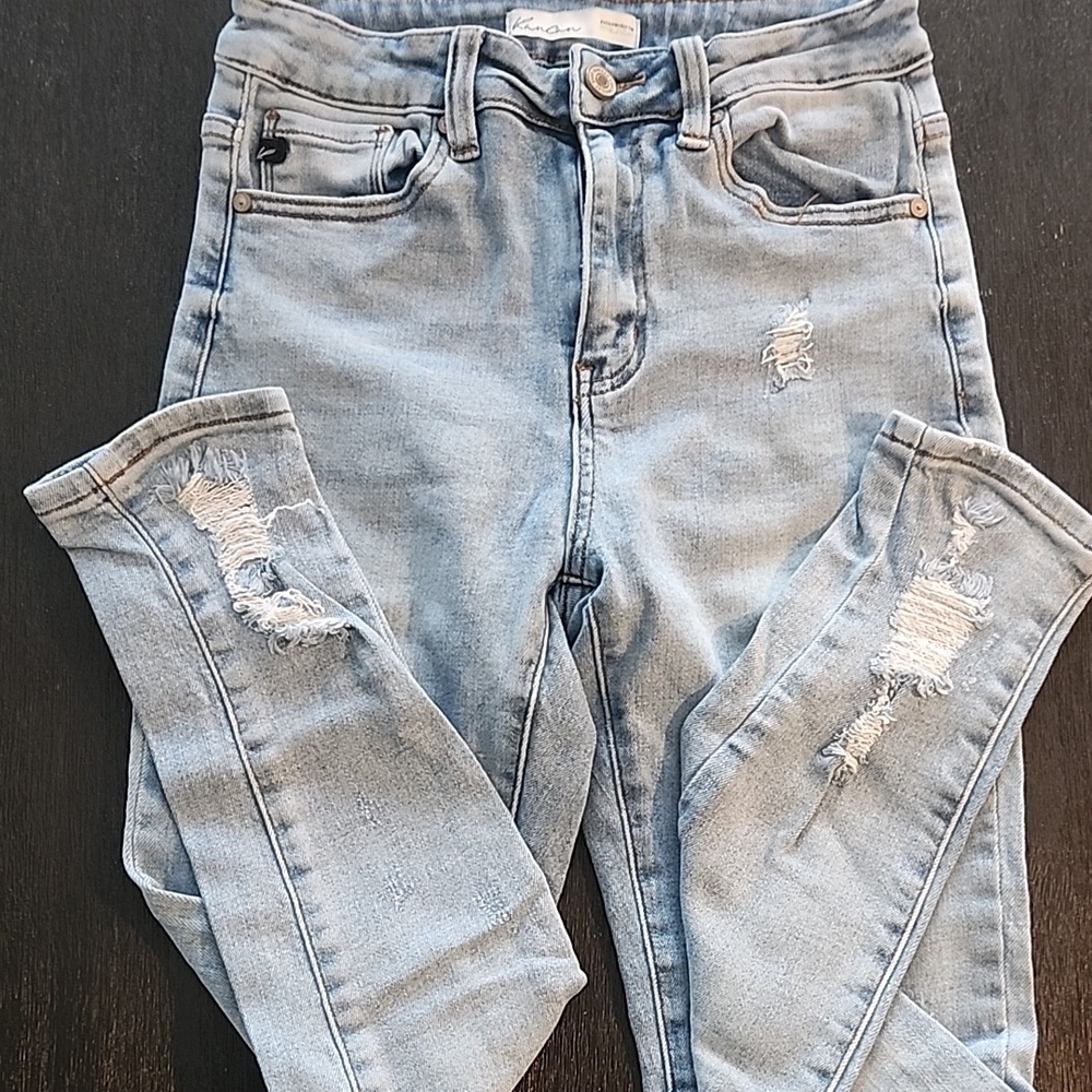KanCan Light Blue Skinny Jeans with Distressed Rips and High Waist